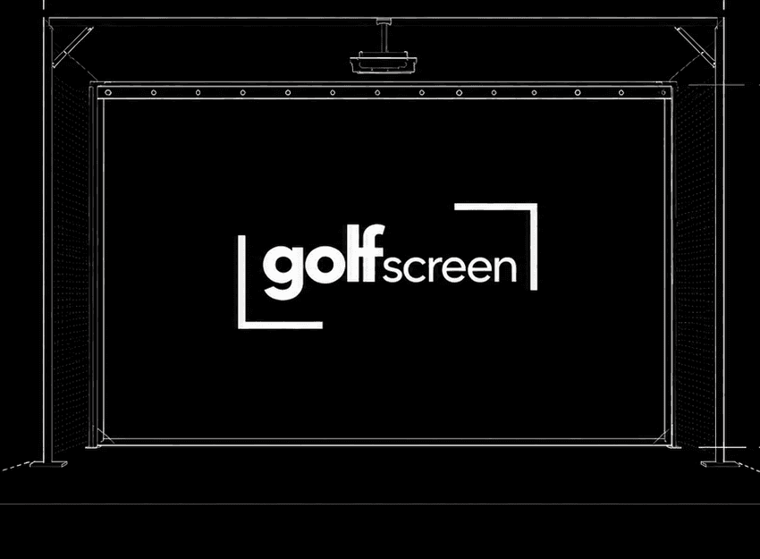 Line drawing of an impact screen carrying the golfscreen wordmark, hung on eyelets from a frame's top rail, with a ceiling-mounted projector above